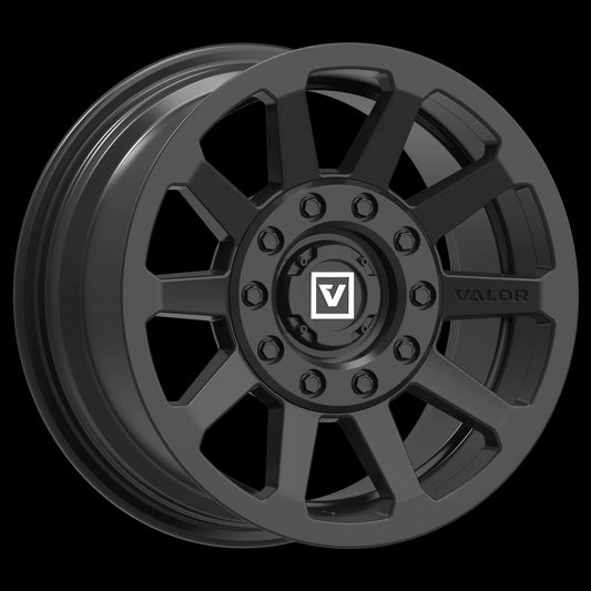The V02 UTV wheel is manufactured using only A356 aluminum with T6 heat treatment for one super strong wheel. Super clean ten spoke design with debossed VALOR logo. Offroad inspired and reinforced inner lip. Engineered to exceed SAE 2530 safety specifications. Bolt-on shorty center cap with embossed white logo.