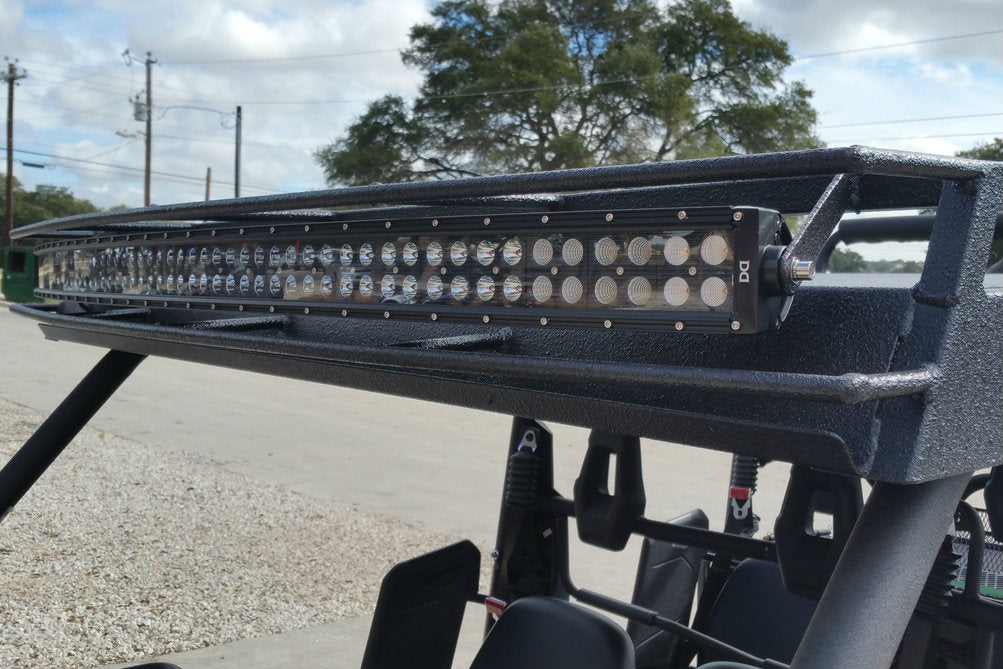Yamaha Viking 6 Metal Roof with TDLED 54 inch curved light bar caged in. We use 1/2 inch solid steel round stock curved to the contour of the light giving you protection and sleek styling. 