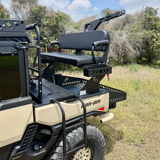 Can-Am Defender HD11 High Seat mounted in UTV bed with elevated hunting platform and folding ladder