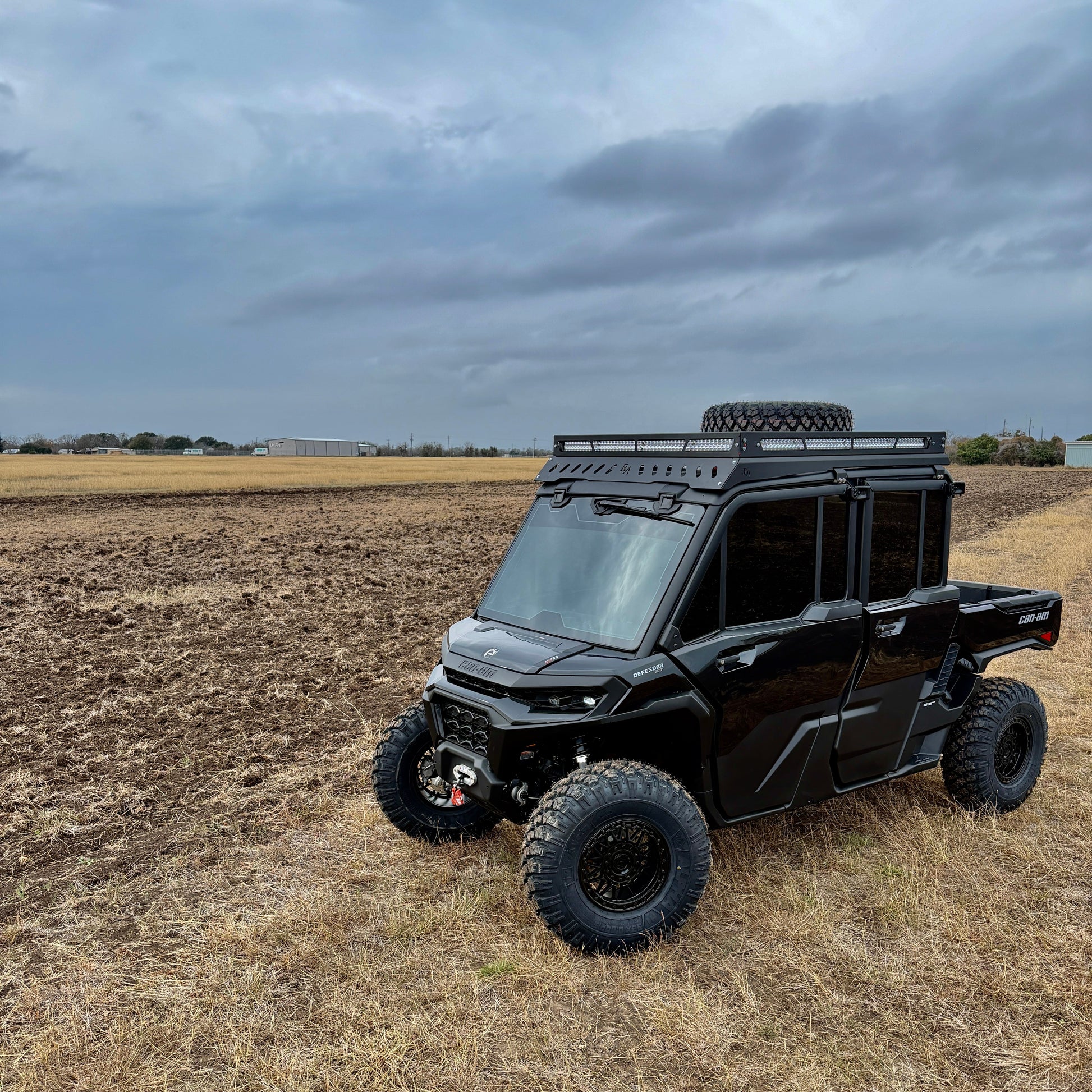 Can-Am Defender modular roof rack with LED light bar setup by Ranch Armor