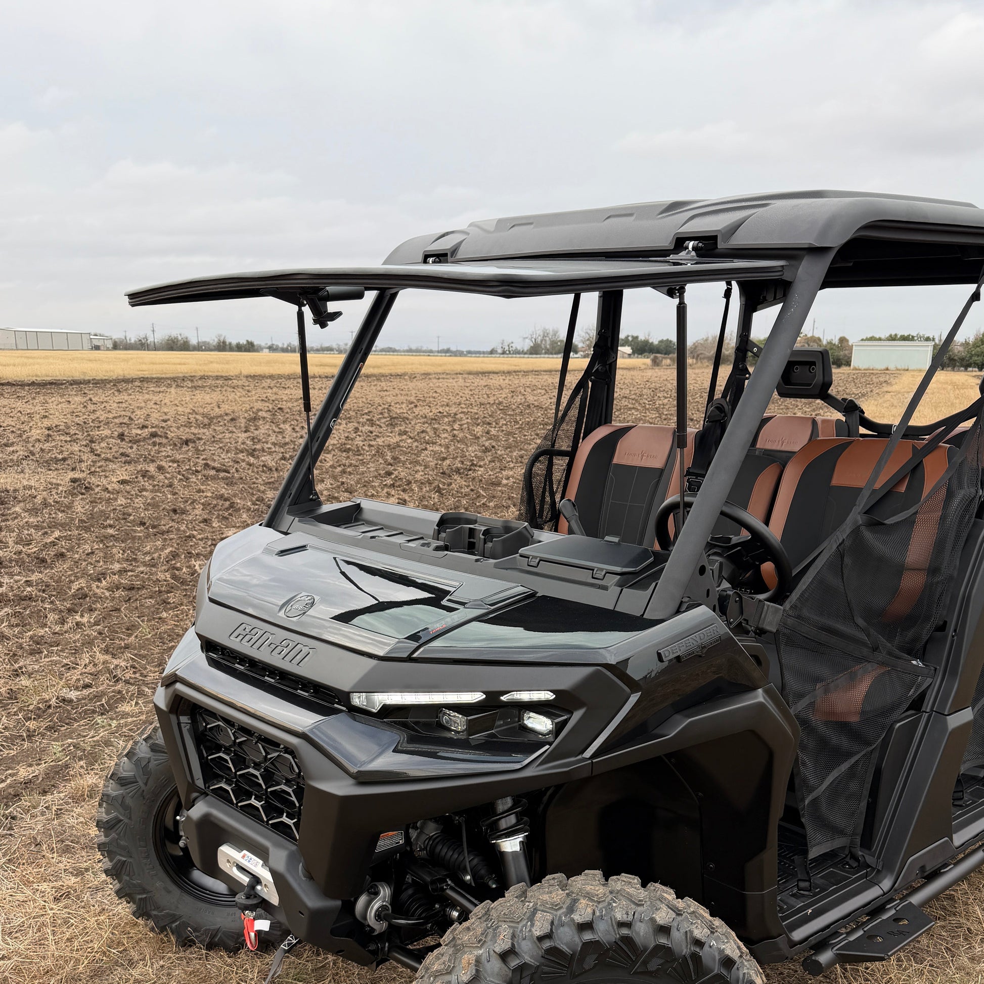 Can-Am UTV tip-out glass windshield featuring OEM factory fit, full opening capability, vent mode, and tighter seal.