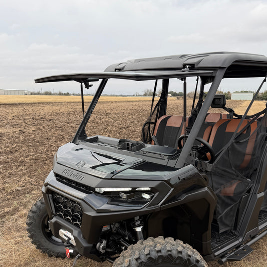 Can-Am UTV tip-out glass windshield featuring OEM factory fit, full opening capability, vent mode, and tighter seal.