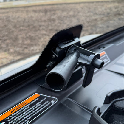 Clear Can-Am tip-out glass windshield designed for OEM fit, enhanced weather sealing, and adjustable open or vent positions.