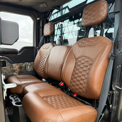 Custom leather upholstery package for Polaris Ranger XD 1500 Crew with Lamborghini-style diamond stitching and personalized color options.