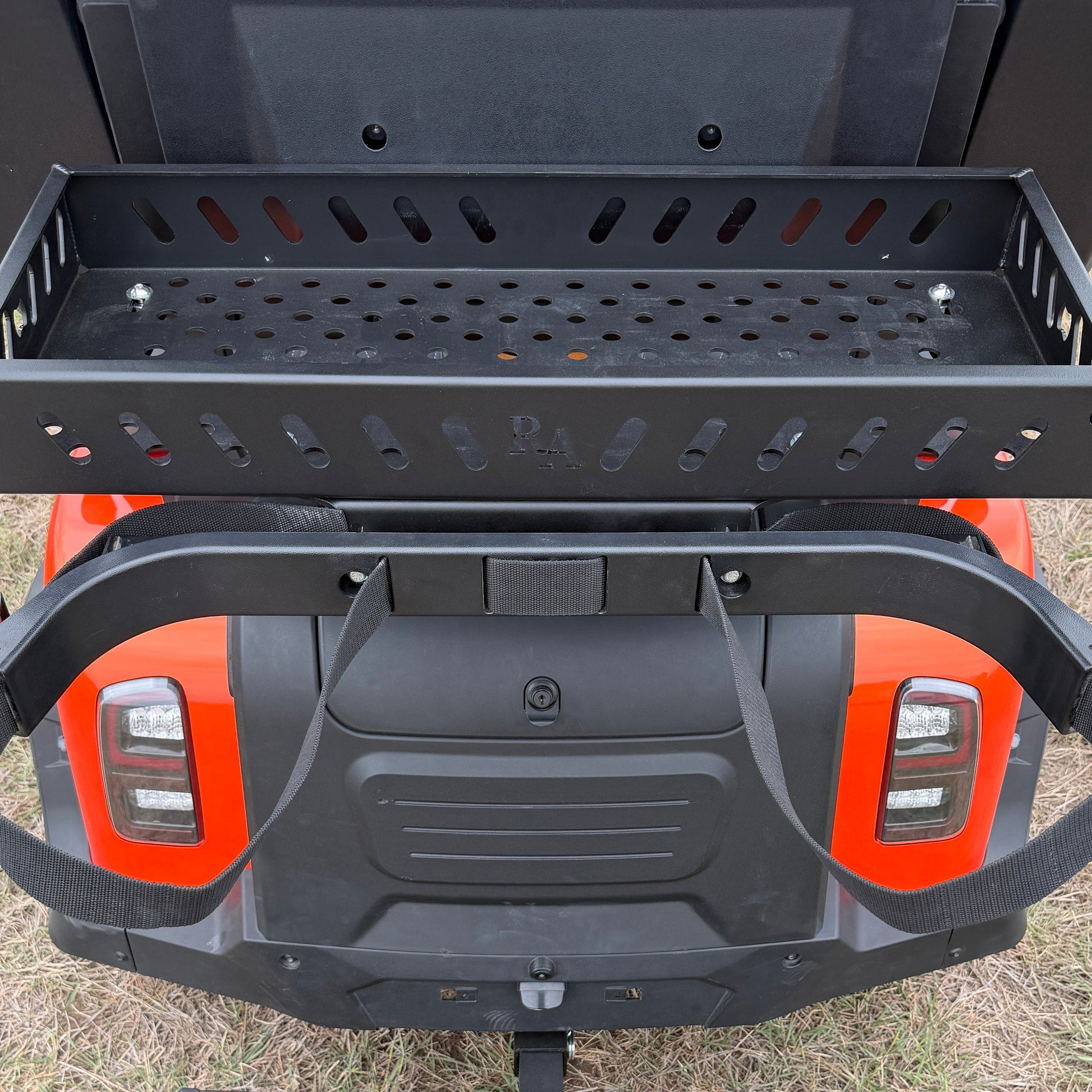 Denago Rover golf bag bracket relocation kit installed with rear storage basket
