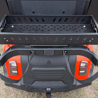 Denago Rover golf bag bracket relocation kit installed with rear storage basket