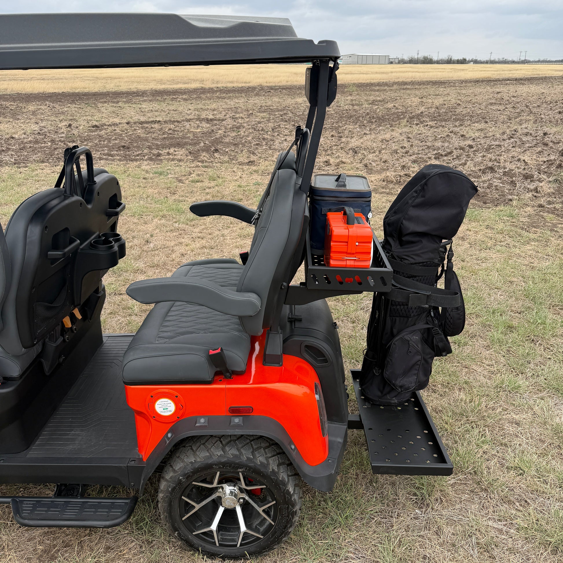 Denago golf cart hitch basket carrying two golf bags
