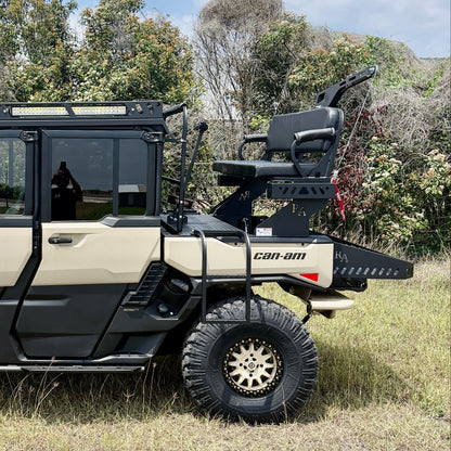 Elevated hunting seat for Can-Am Defender HD11 featuring 18-inch foot platform and marine-grade cushion
