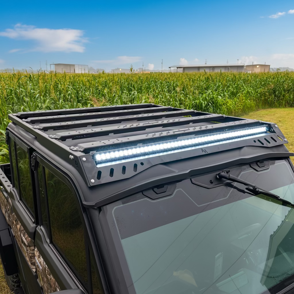 Front angle view of a CFMOTO U10 Pro XL equipped with a Ranch Armor modular aluminum roof rack.