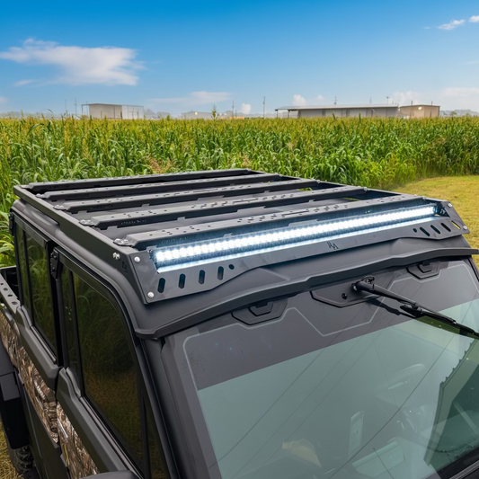 Front angle view of a CFMOTO U10 Pro XL equipped with a Ranch Armor modular aluminum roof rack.