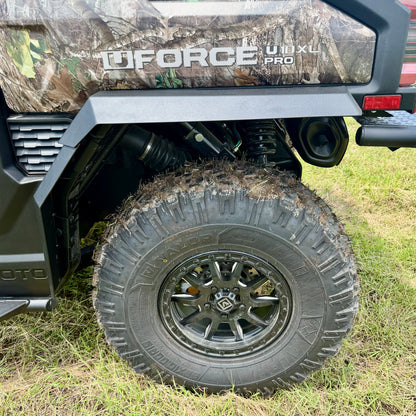 Front view of CFMoto U10 equipped with custom aluminum fender flares and rugged off-road styling