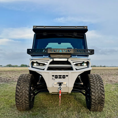Front view of Can-Am Defender HD11 with hybrid white front bumper installed
