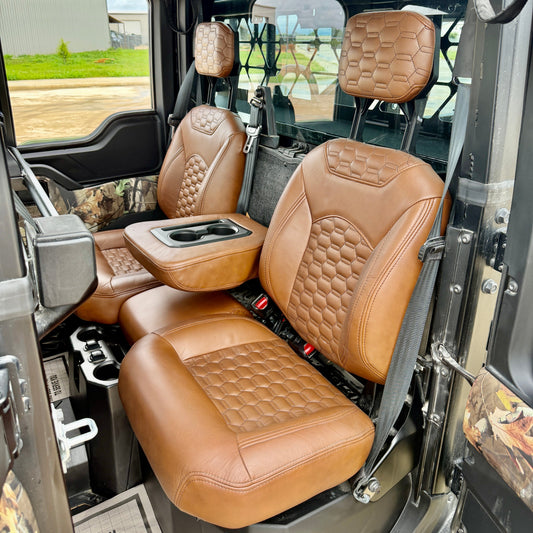 Handcrafted Level 3 leather seats for Polaris Ranger XD 1500 Crew featuring premium genuine leather, custom embroidery options, and diamond quilted stitching.