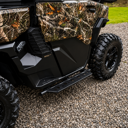 Heavy-duty Can-Am Defender HD11 single cab nerf bars with powder-coated finish designed for trail and ranch use