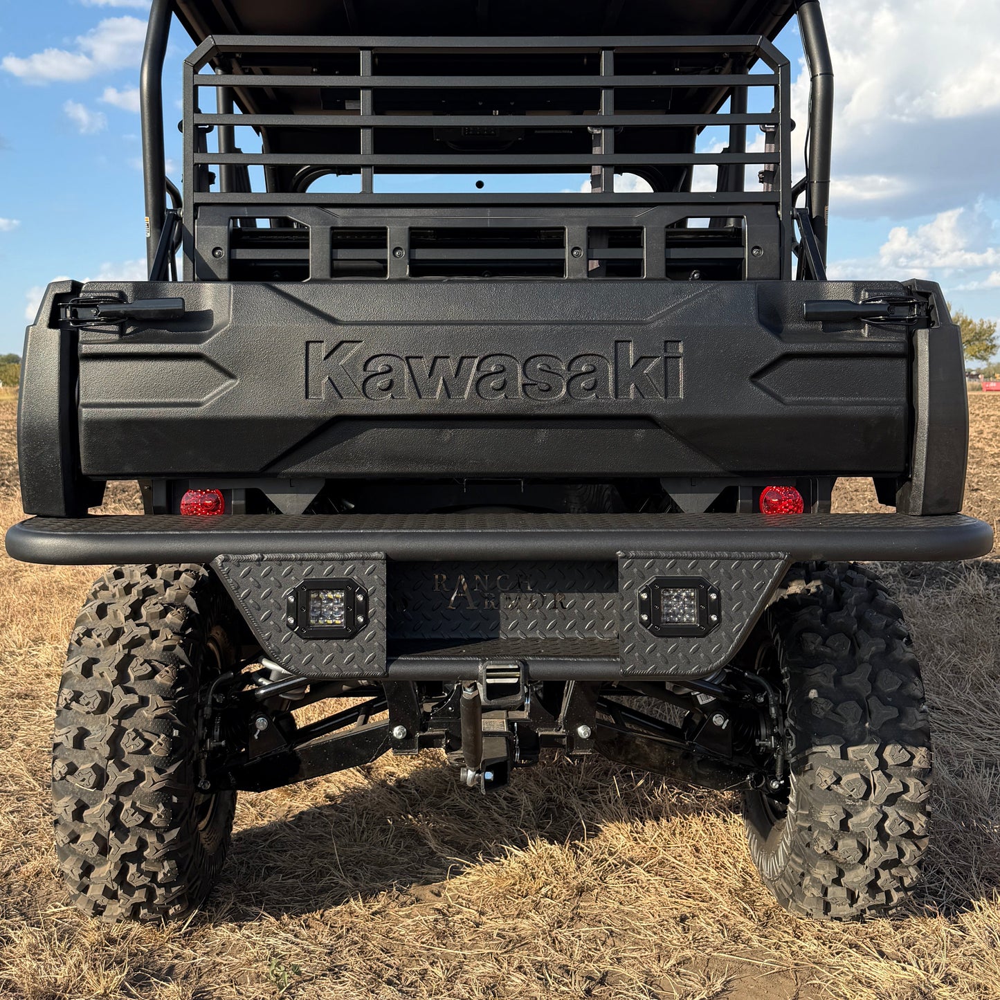 Kawasaki Mule Pro UTV featuring reinforced Ranch Armor rear bumper for ranch and work use