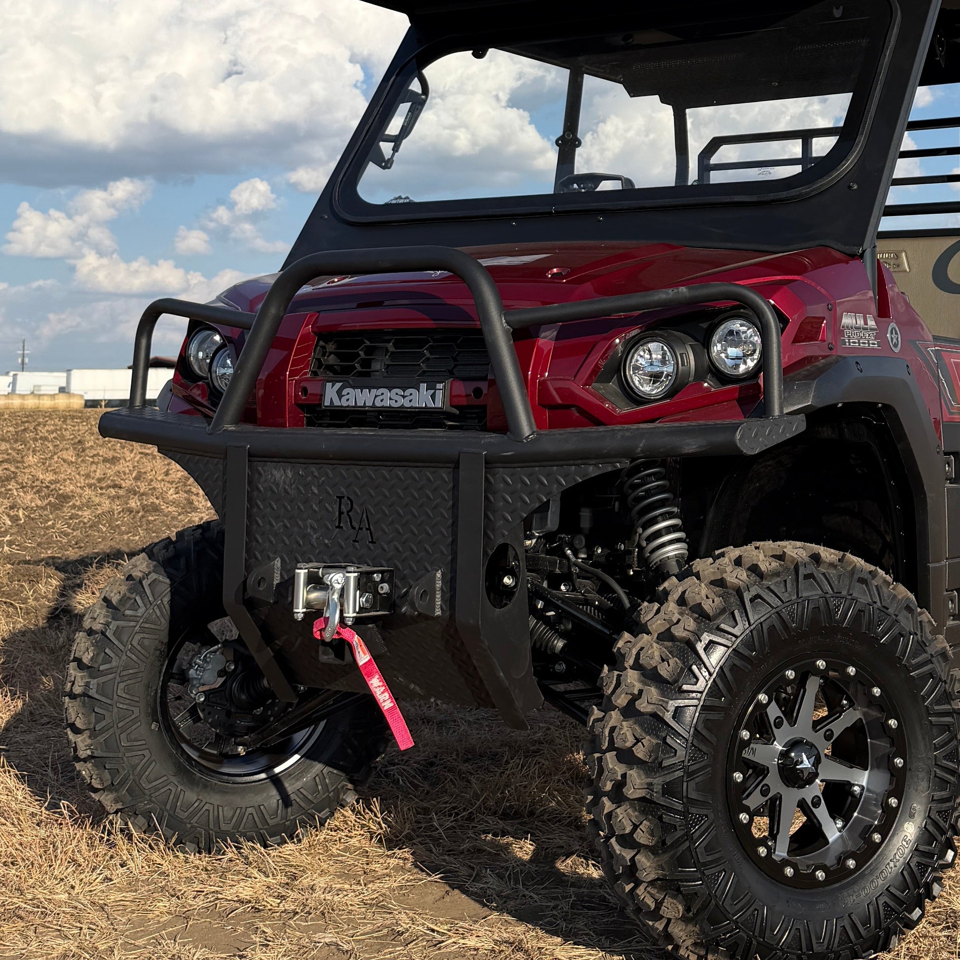 Kawasaki Mule Pro equipped with Ranch Armor heavy-duty front bumper for increased protection