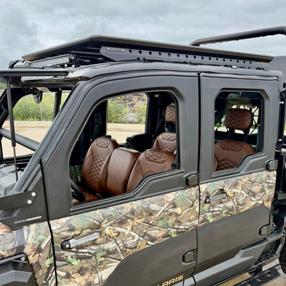 Level 3 custom leather interior for Polaris Ranger XD 1500 Crew featuring genuine leather and diamond cross stitching.