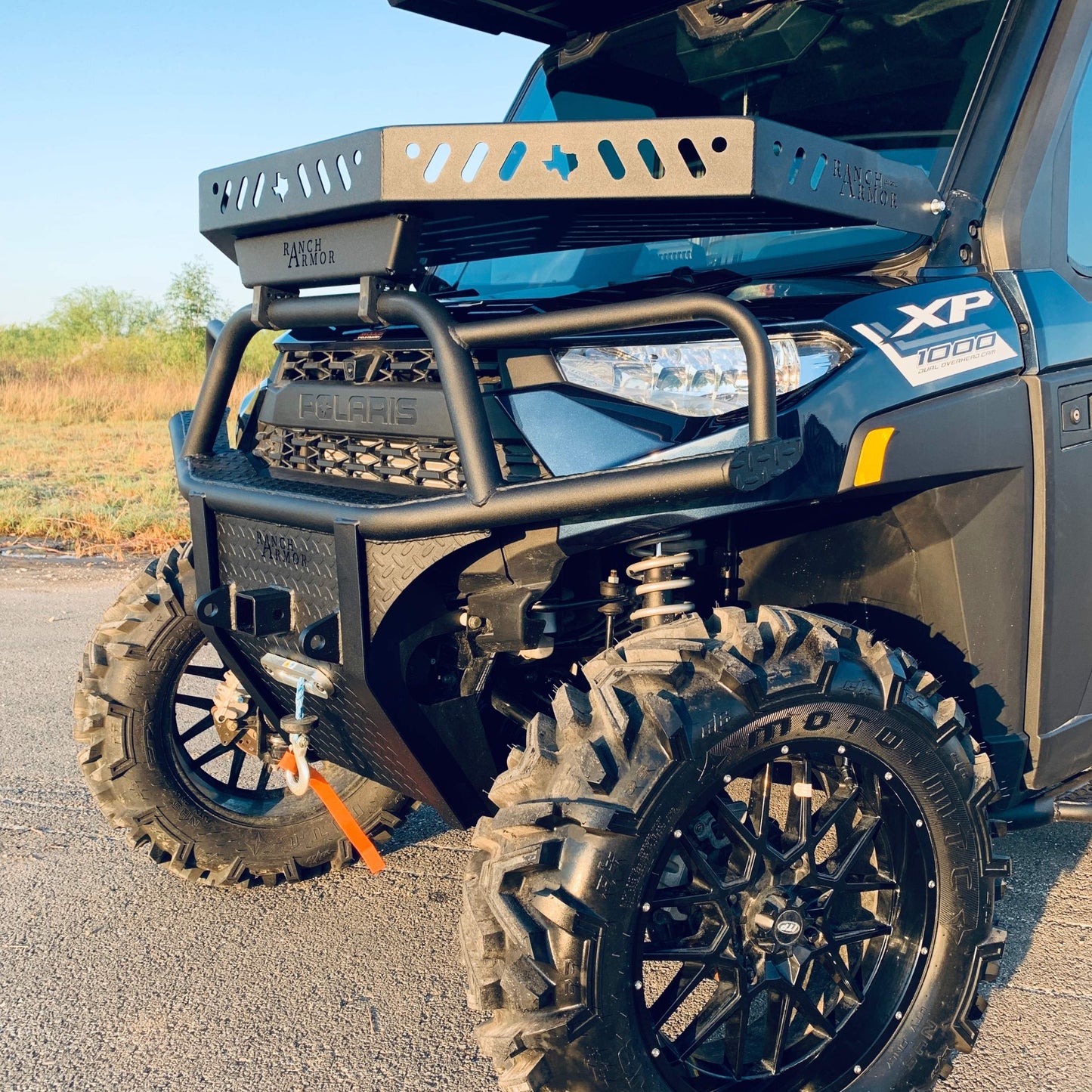 Front bumper shown with optional Ranch Armor Quick Release Hood Basket. Windshield Compatible. 