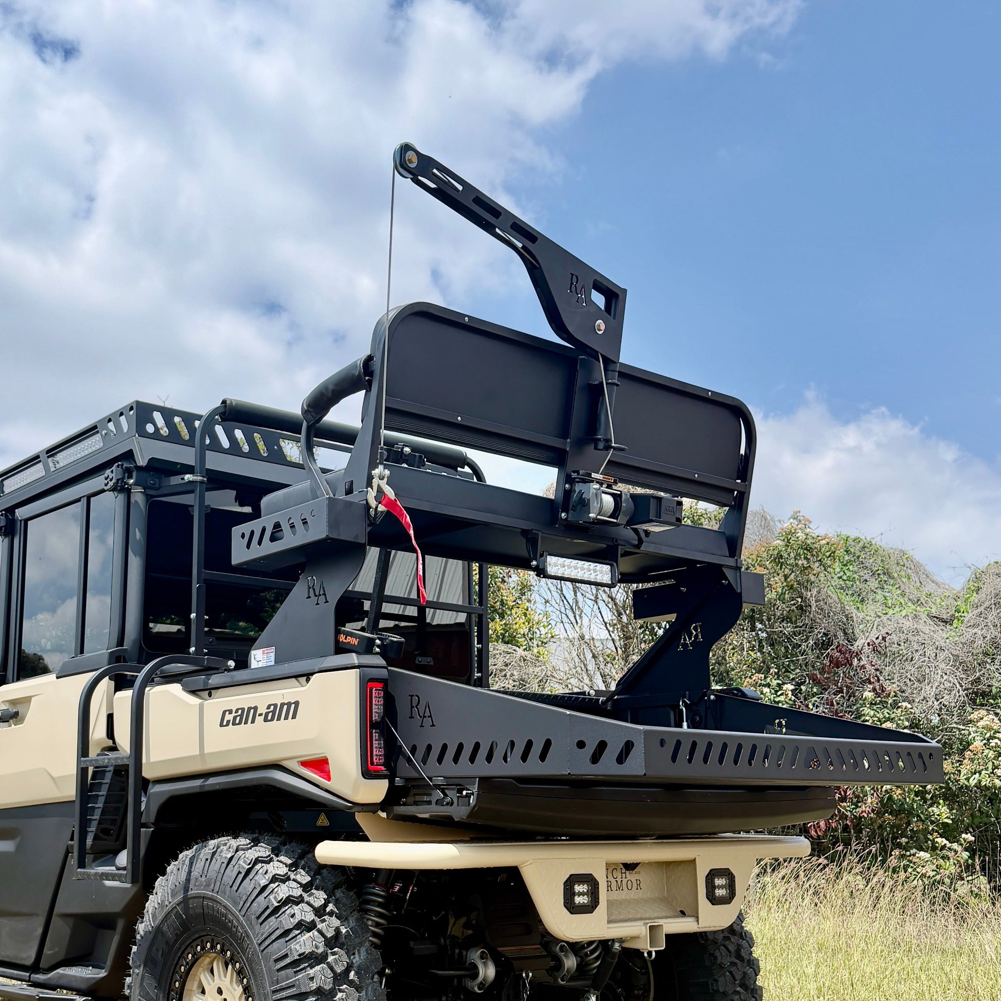 Ranch Armor Can-Am Defender HD11 hunting high seat with rifle rest and side storage baskets