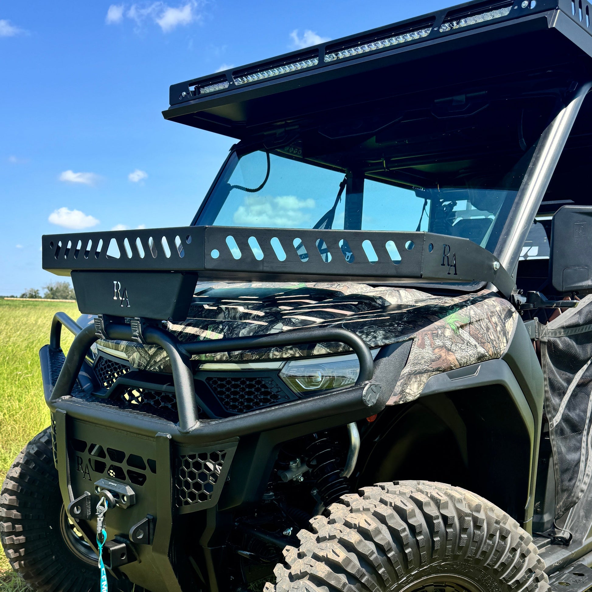 Ranch Armor steel front hood basket installed on CFMoto U10 Pro utility vehicle