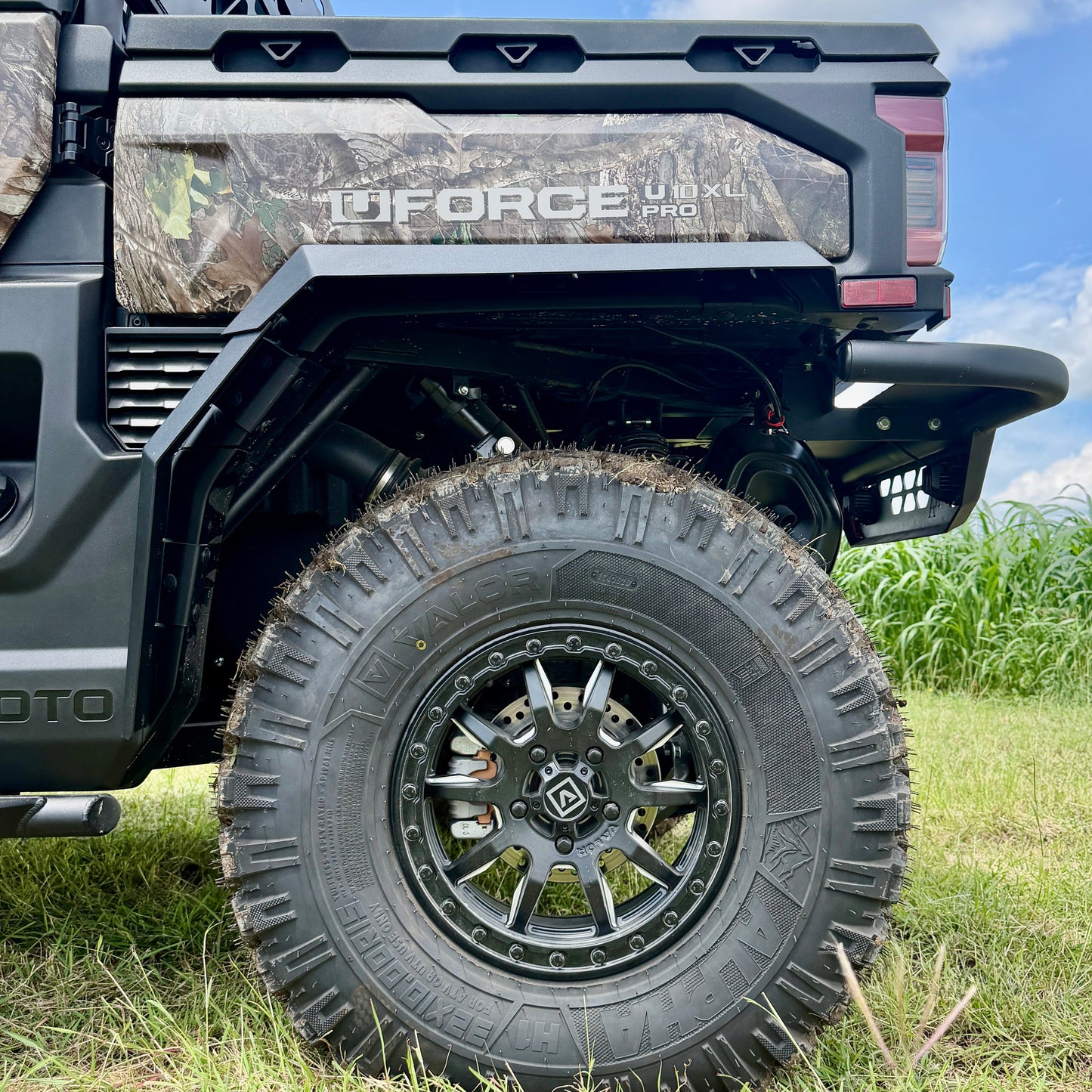 Rear aluminum fender flare system designed for CFMoto U10 dump bed compatibility and full functionality