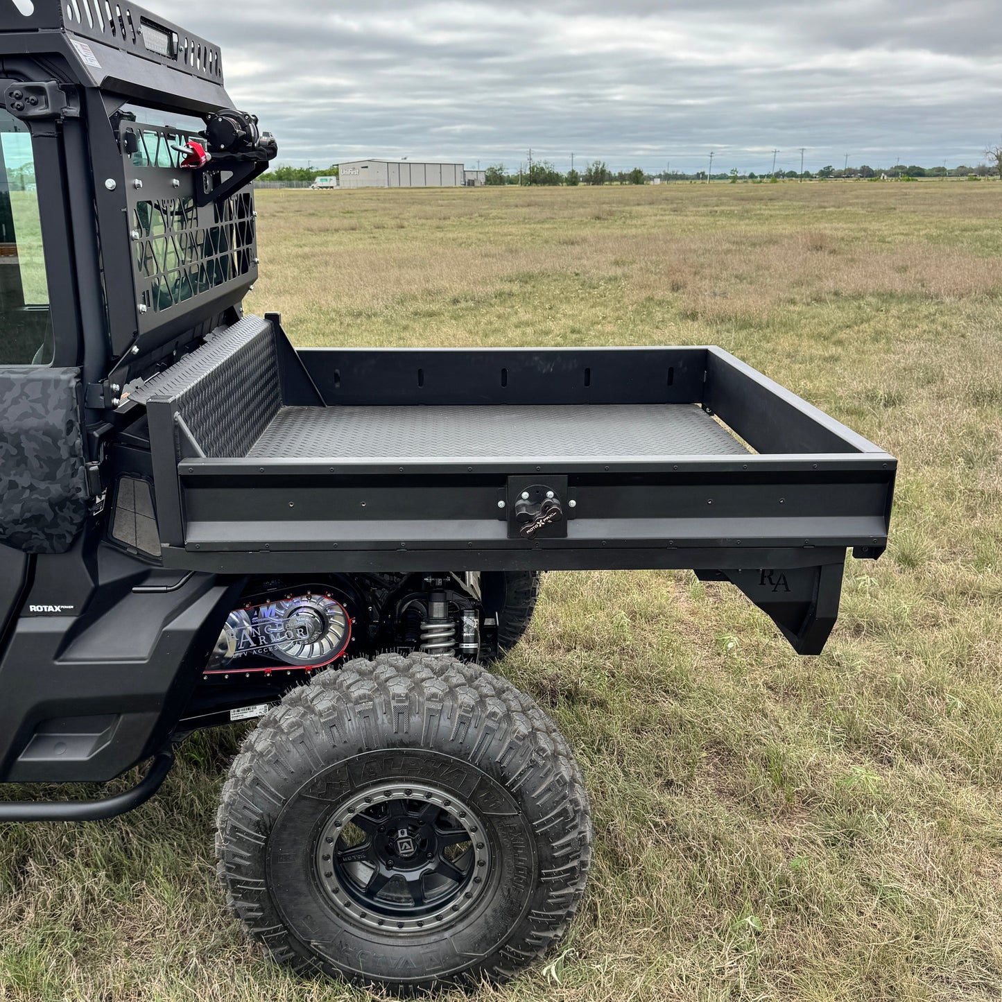 Side view with Modular Side rails of aluminum flatbed on 6 foot bed