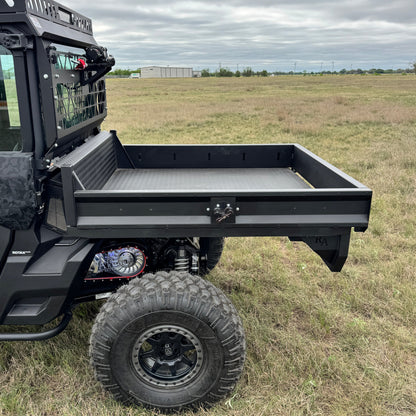 Side view with Modular Side rails of aluminum flatbed on 6 foot bed